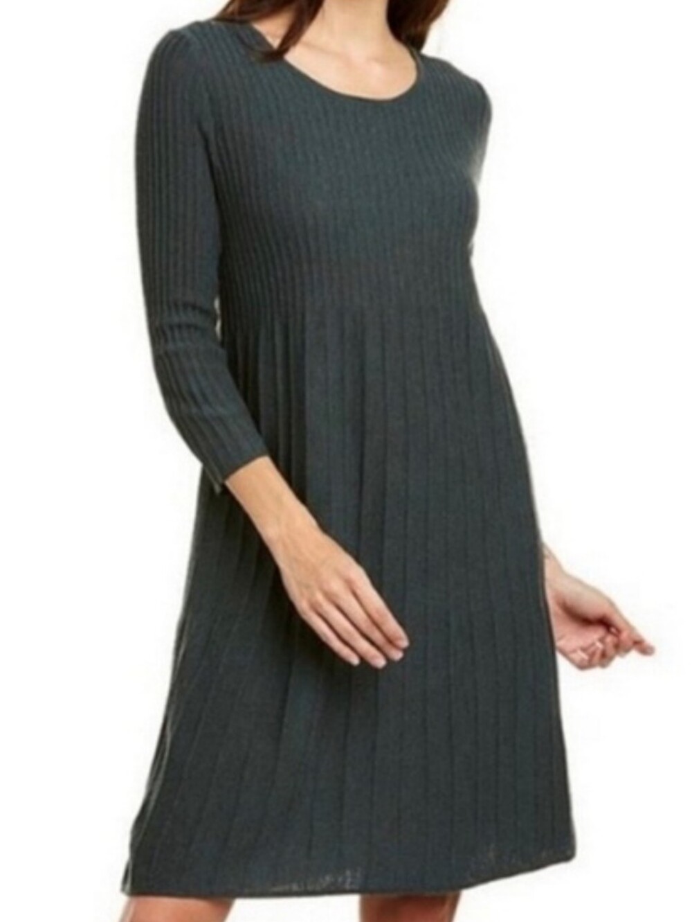 Eileen Fisher Green Ribbed 3/4 Sleeve A-Line Dress Size XXS
